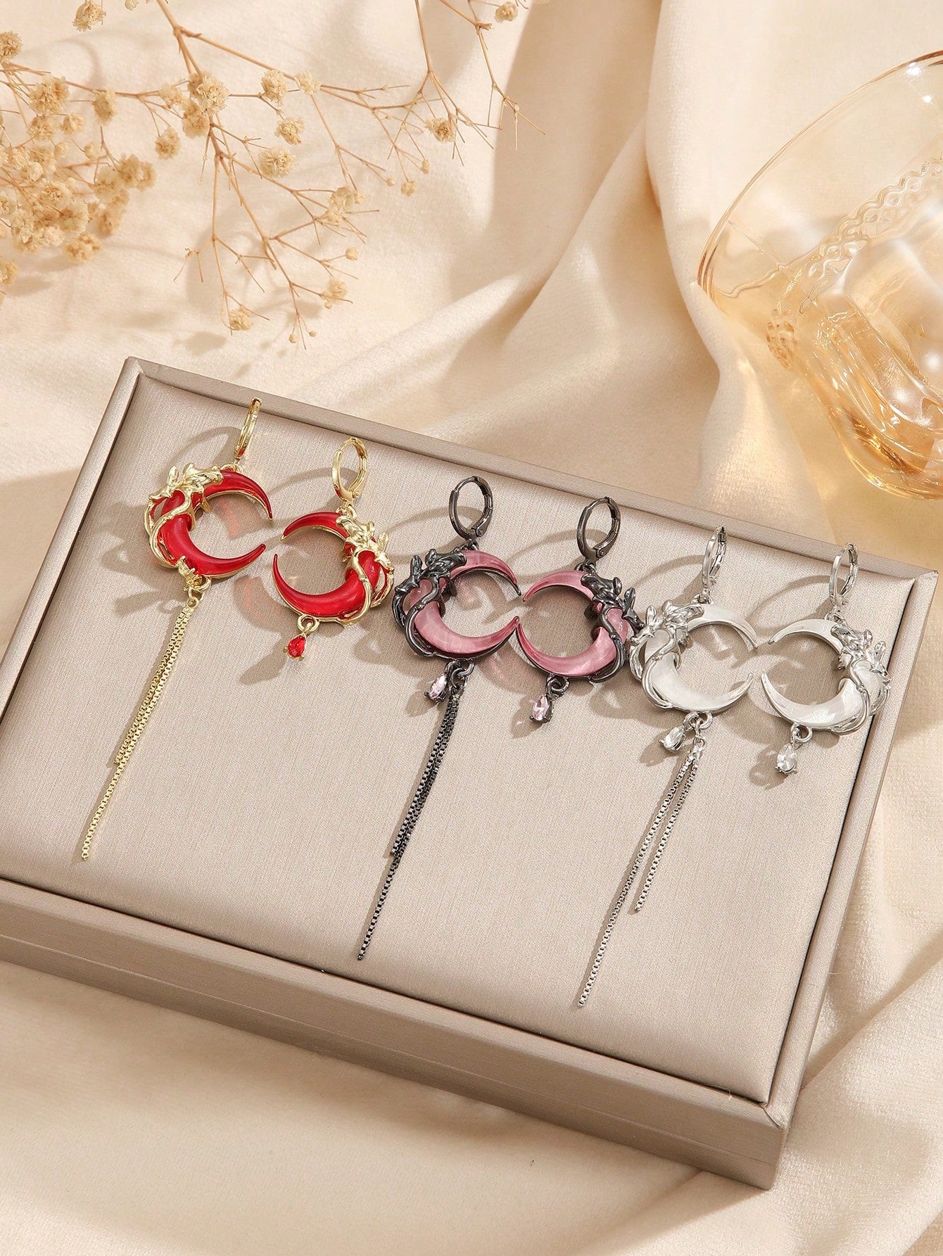 Gothic Asymmetric Dark Red Crescent Moon Earrings, Vintage Design