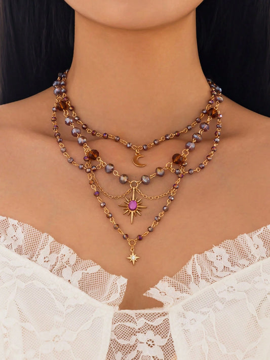 Celestial Moon & Sun Layered Beaded Necklace – Boho Crystal Gold Choker