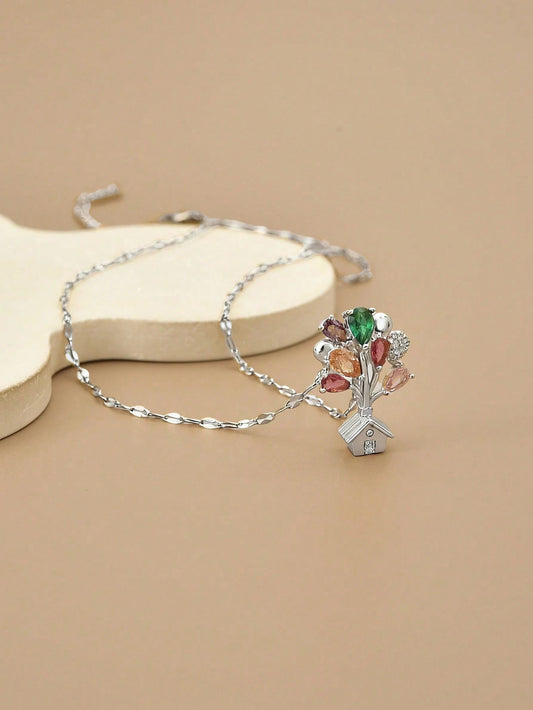 Colorful Crystal Tree House Pendant Necklace | Silver Plated Nature-Inspired Charm Necklace