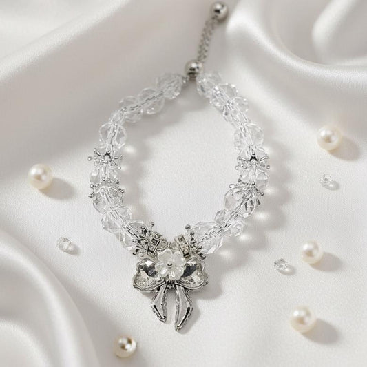 Crystal Bridal Bracelet with Silver Bow Flower Charm, Adjustable Wedding Jewelry, Elegant Gift for Her