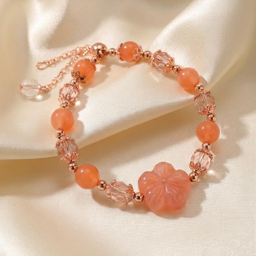 Peach Crystal Flower Bracelet - Yanyuan Agate