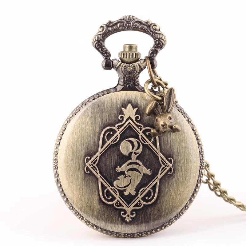 Vintage Alice in Wonderland Pocket Watch Necklace with Rabbit Charm