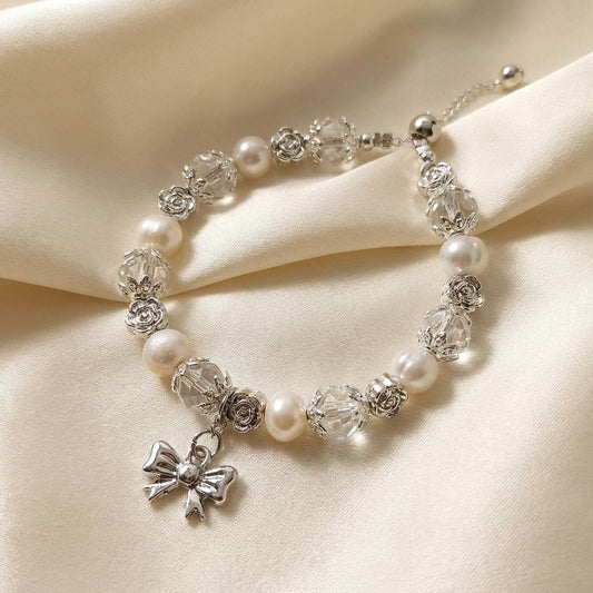 Pearl Crystal Bracelet with Silver Rose Beads, Bridal Wedding Jewelry, Romantic Bow Charm