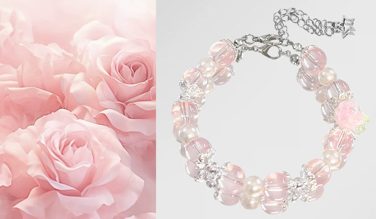 Handmade Cherry Blossom Pink Bracelet | Pastel Pearl Beaded Bracelet | Minimalist Floral Jewelry