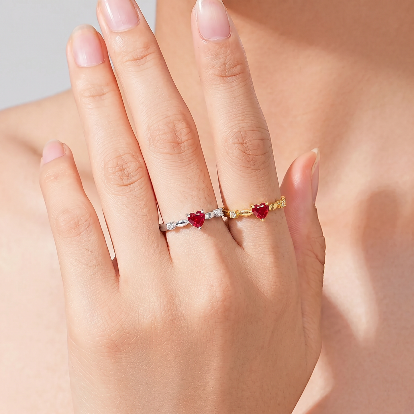 Ruby Heart Ring – Delicate Gold Band with Crystal Accents, Elegant Romantic Jewelry for Women