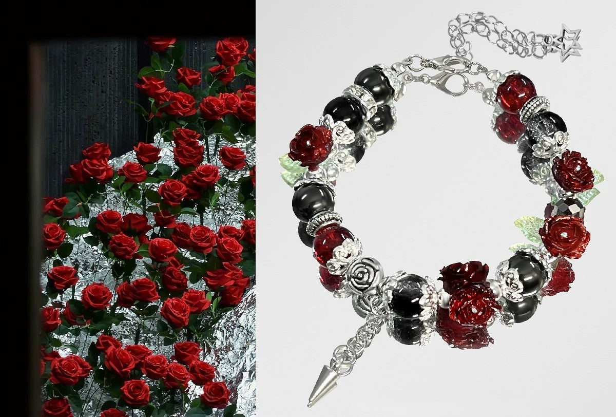 Handmade Gothic Rose Charm Bracelet | Black & Red Floral Beaded Bracelet | Dark Romantic Jewelry