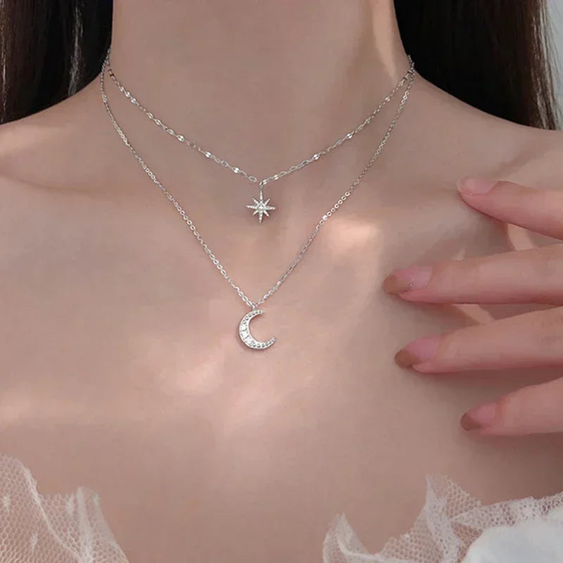 Silver Moon & Star Layered Necklace – Minimalist Double Layer Celestial Necklace, Crystal Pendant Jewelry for Women