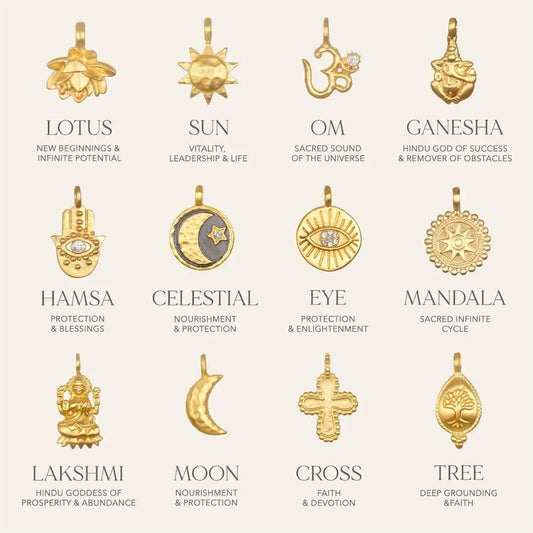 Collection of gold pendants with meanings on a white background