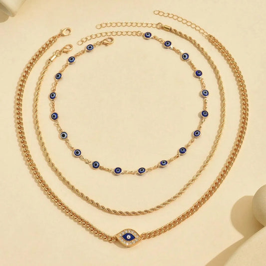 Evil Eye Layered Necklace Gold – 3 Layer Chain Necklace Set, Minimalist Boho Jewelry, Protection Necklace Gift for Women