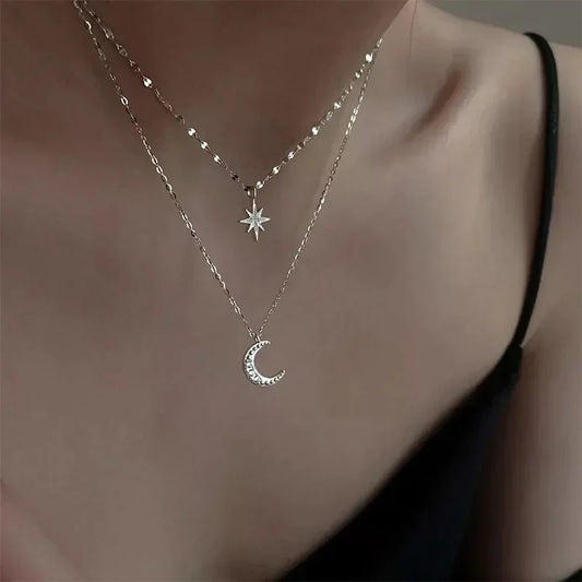 Silver Moon & Star Layered Necklace – Minimalist Double Layer Celestial Necklace, Crystal Pendant Jewelry for Women