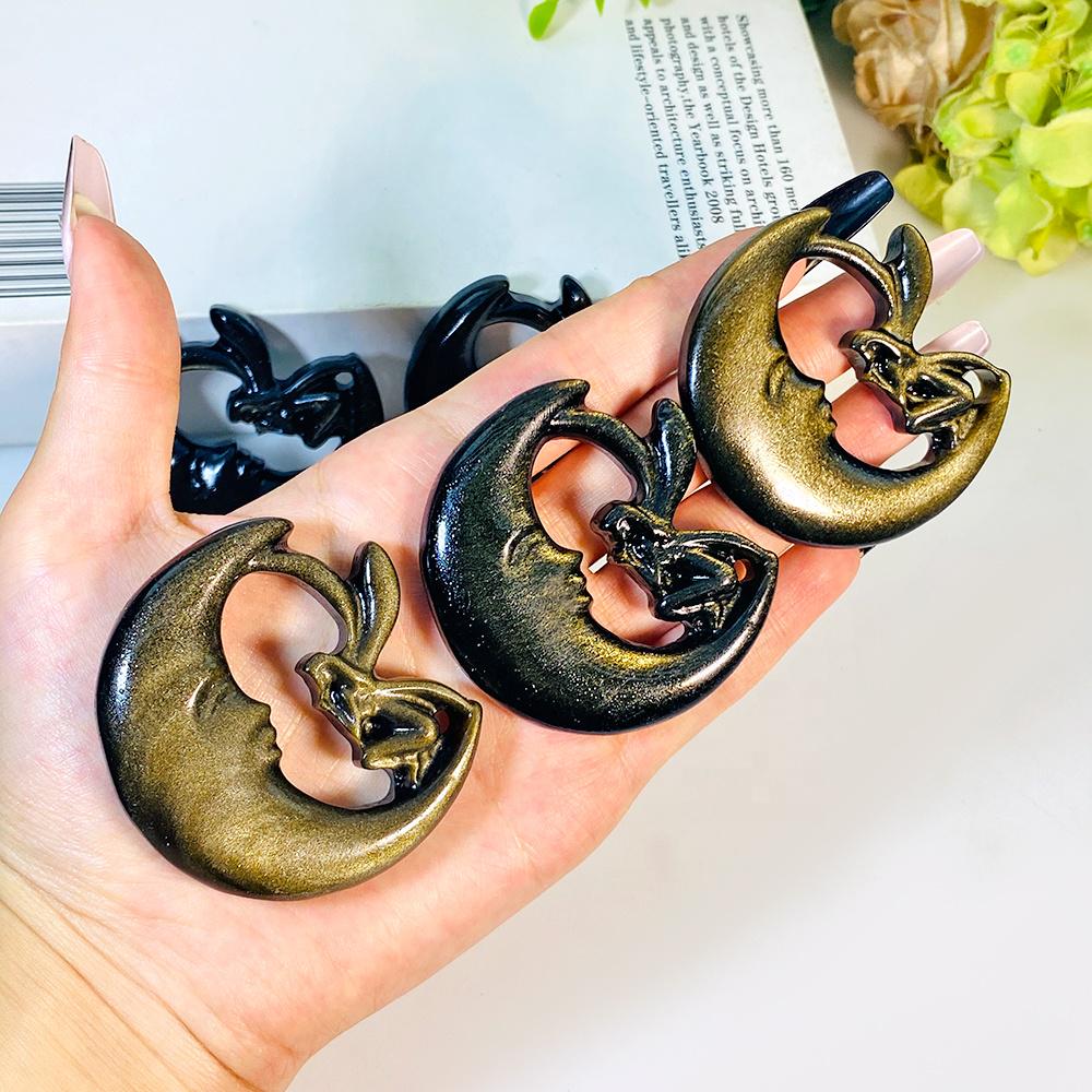 Obsidian Moon and Fairy Carving (6cm) Protective Lunar for Intuition & Shadow Work