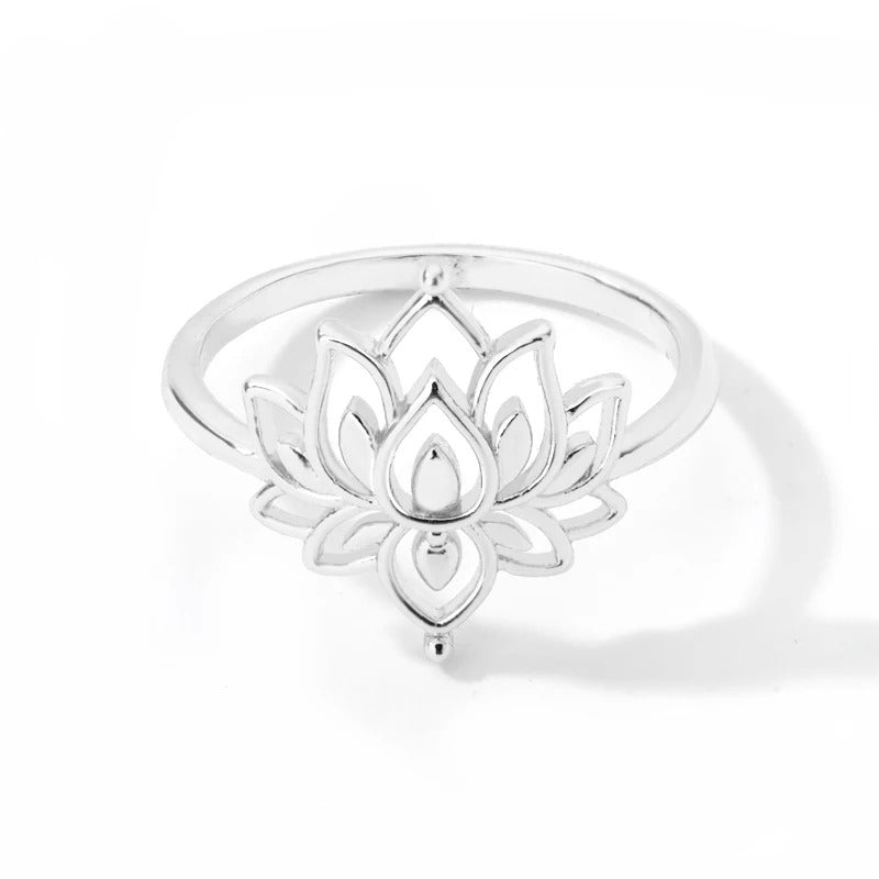 18K Gold Plated & Silver Lotus Ring | Adjustable Stainless Steel Lotus Flower Ring | Minimalist Boho Spiritual Jewelry for Women