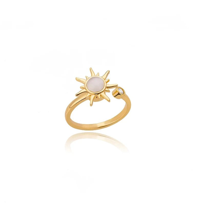 18K Gold Plated & Silver Sun Moonstone Ring | Adjustable Stainless Steel Celestial Ring | Minimalist Statement Jewelry for Women