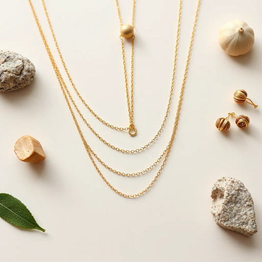 Three layered delicate chain necklaces in gold tones arranged neatly on a neutral background for styling inspiration