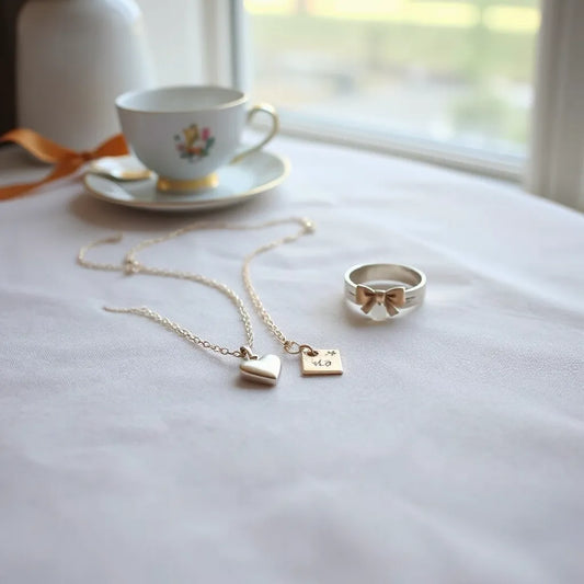 Whimsical pendant necklace, bracelet, and ring styled on neutral fabric with soft tea-party props in the background.