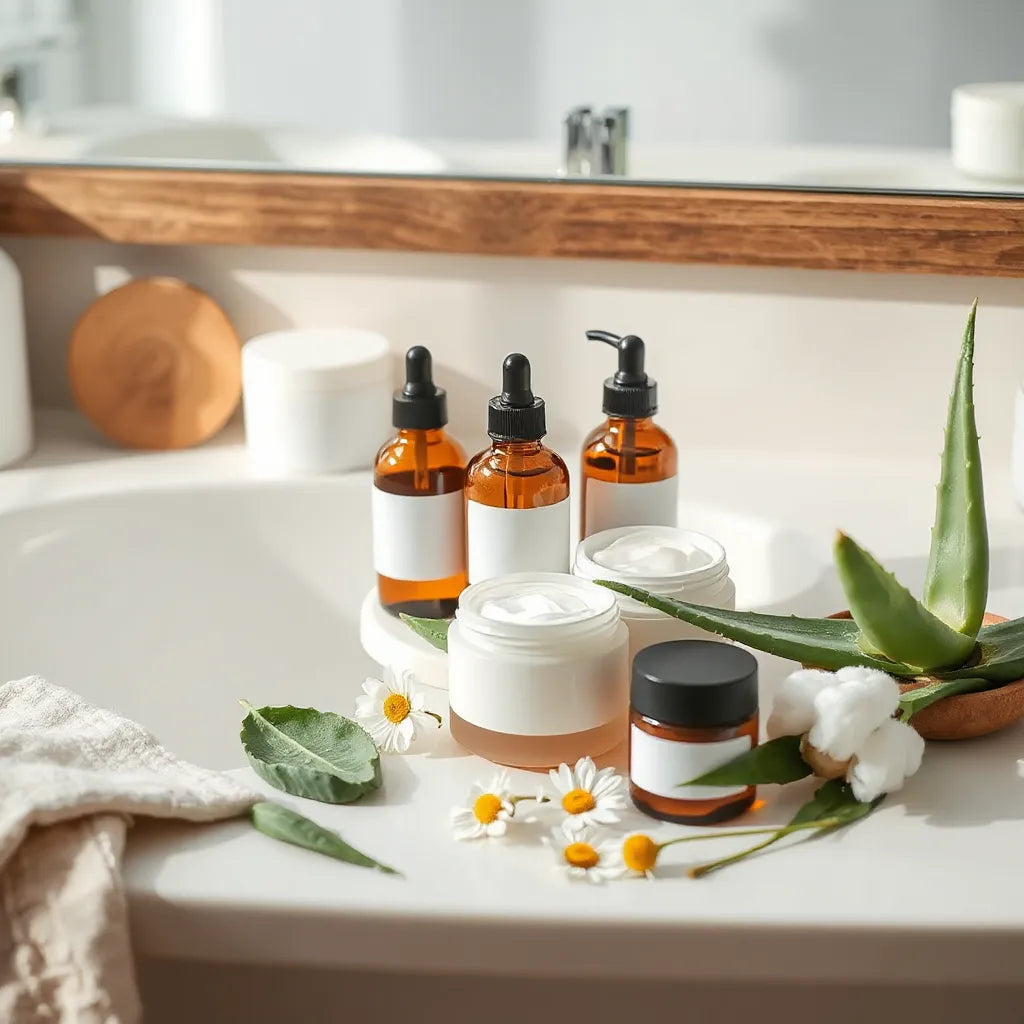 Organic skincare bottles and jars beside aloe and chamomile on a clean vanity