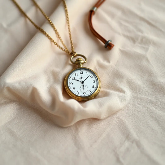 Antique gold-toned pocket watch pendant necklace arranged on neutral fabric