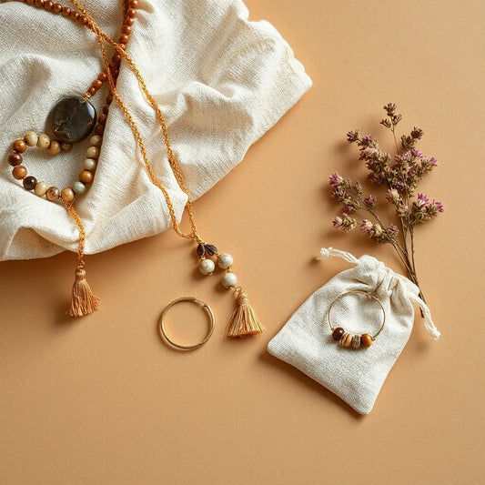 Boho necklace, earrings, and bracelet arranged on linen with a drawstring gift pouch and dried flowers