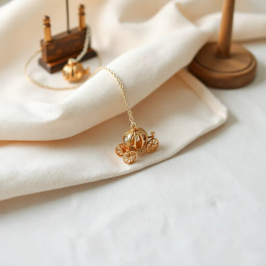 Vintage carriage pendant necklace resting on a neutral fabric with soft natural light