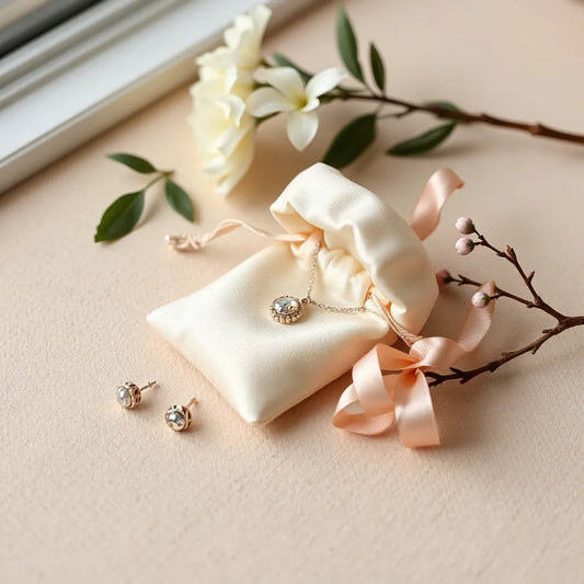Delicate necklace and stud earrings presented in an opened satin pouch with a ribbon on a neutral background