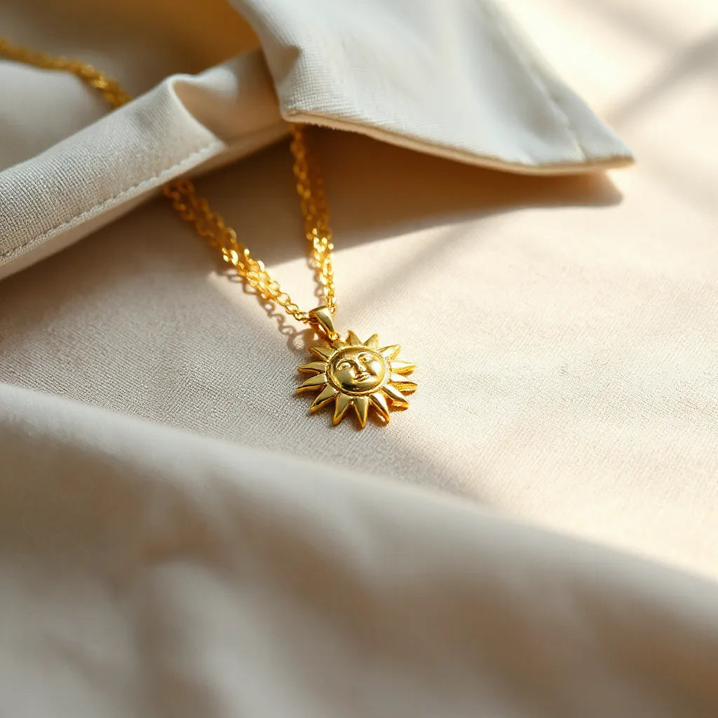 Gold sun pendant necklace with a polished circular pendant and delicate chain on neutral fabric