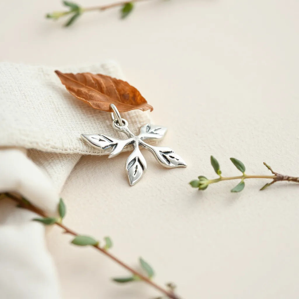 Silver plated leaf-and-sprig charm jewelry with soft greenery on a light background