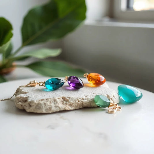 Colorful gemstone pendant necklaces displayed on a neutral stone surface