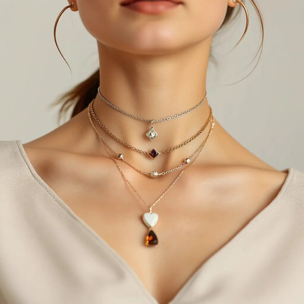 Layered unique necklaces resting on a model’s collarbone against a neutral background