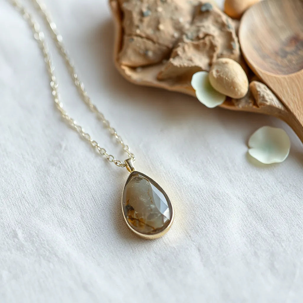 Natural stone pendant necklace with a delicate chain and gemstone pendant on light fabric