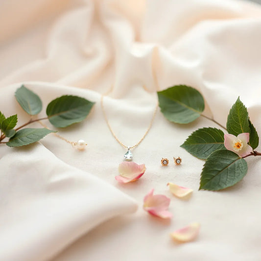 Delicate charm necklace, bracelet, and stud earrings arranged on soft pastel fabric with subtle pearls and petals