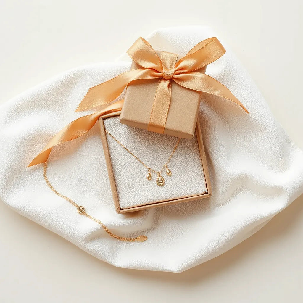 Minimalist gold-toned necklace, stud earrings, and bracelet in a simple gift set with a ribbon