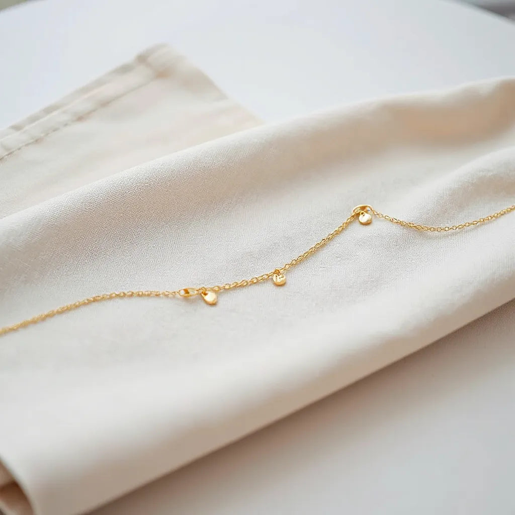 Gold charm necklace with delicate chain and small charms on neutral fabric