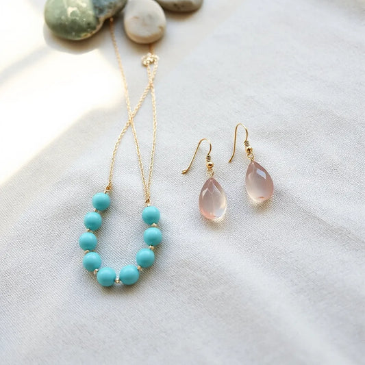 Necklaces and earrings featuring turquoise and rose quartz gemstones on light linen with soft natural light