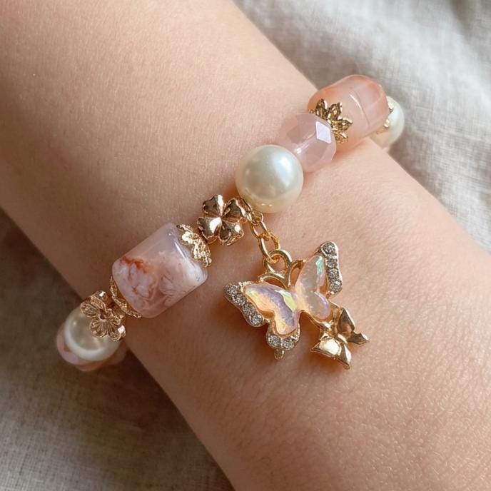 Sakura Agate (Cherry Blossom Bracelet, butterfly charm)