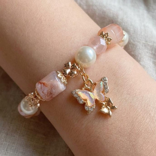 Sakura Agate (Cherry Blossom Bracelet, butterfly charm)