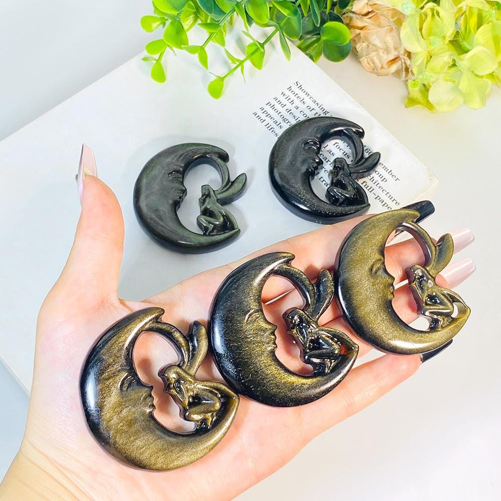 Obsidian Moon and Fairy Carving (6cm) Protective Lunar for Intuition & Shadow Work