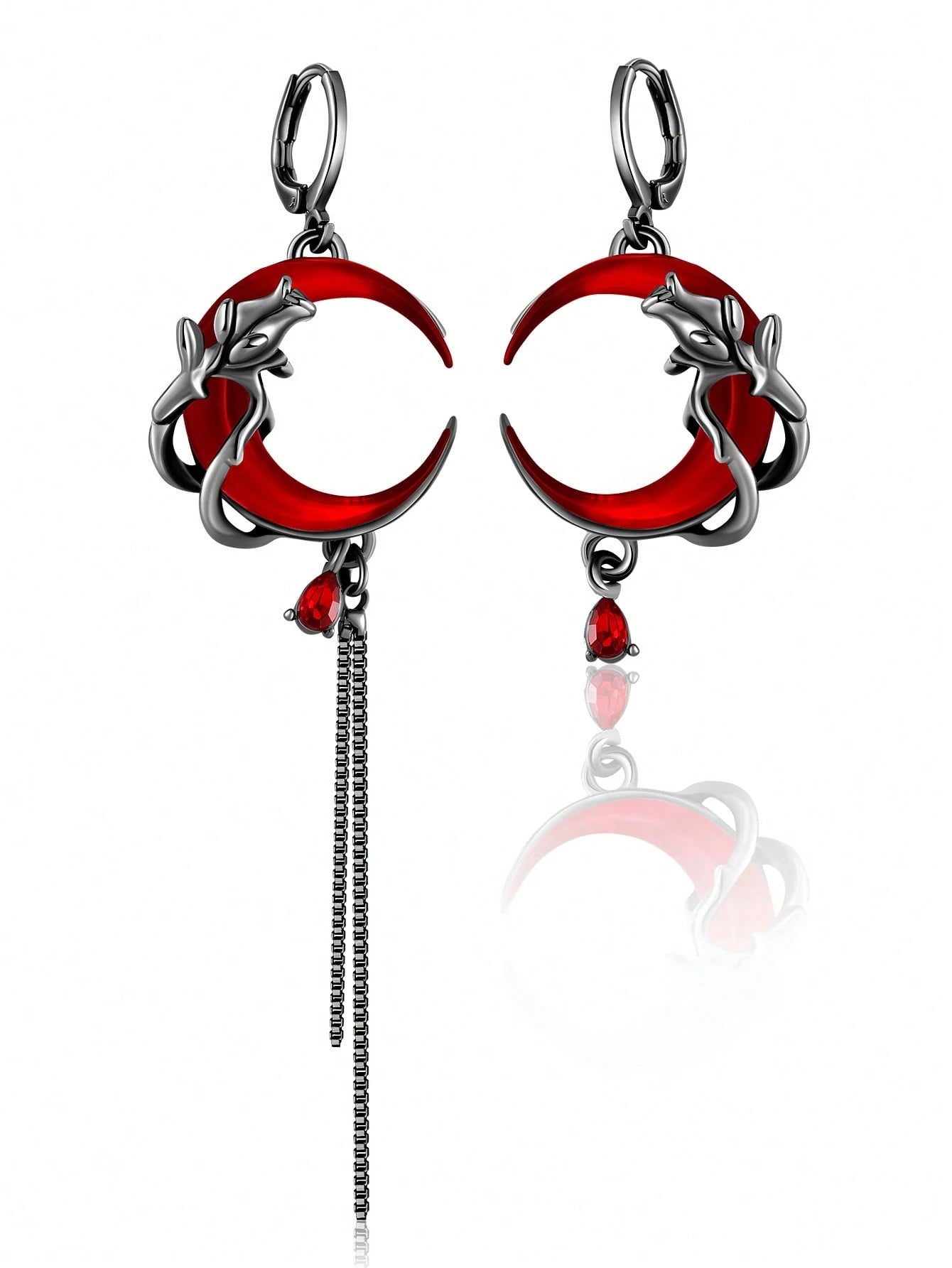 Gothic Asymmetric Dark Red Crescent Moon Earrings, Vintage Design