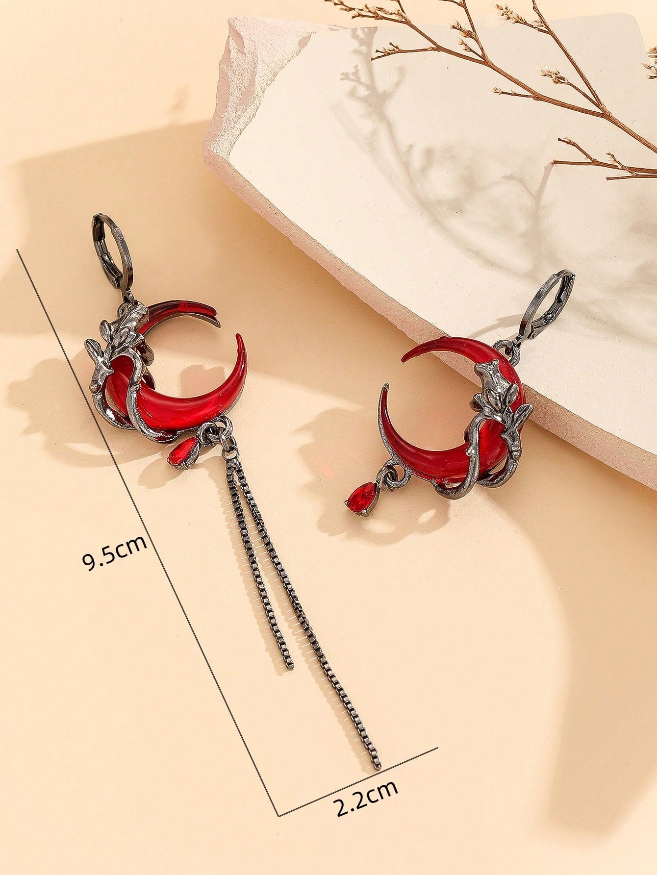 Gothic Asymmetric Dark Red Crescent Moon Earrings, Vintage Design