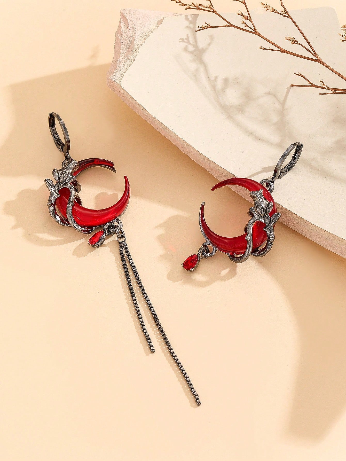 Gothic Asymmetric Dark Red Crescent Moon Earrings, Vintage Design