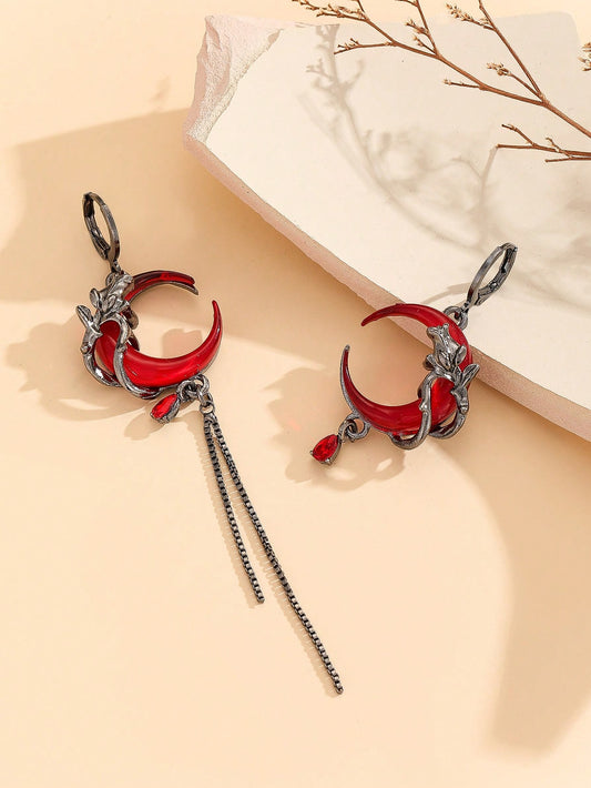 Gothic Asymmetric Dark Red Crescent Moon Earrings, Vintage Design
