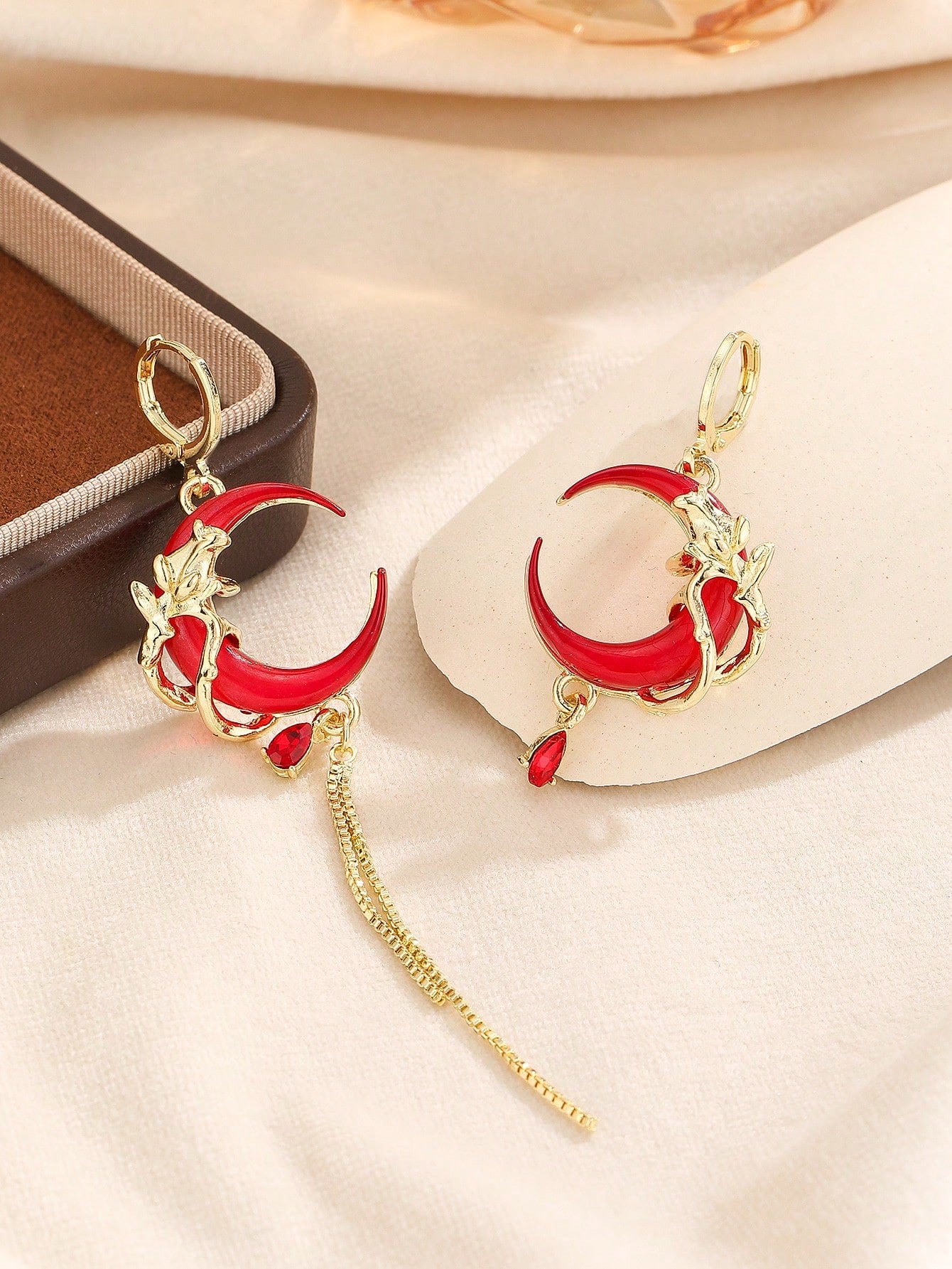 Gothic Asymmetric Dark Red Crescent Moon Earrings, Vintage Design