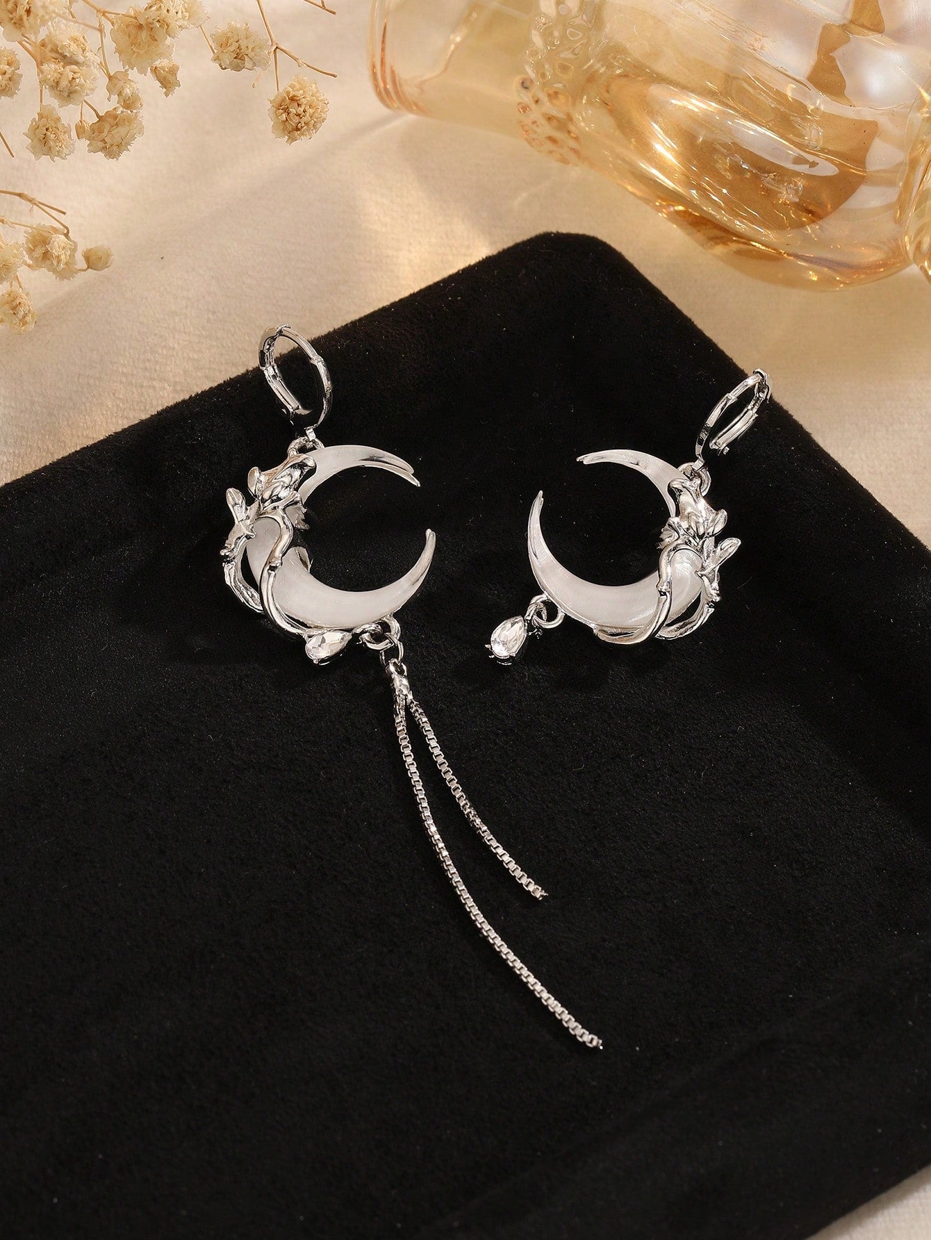 Gothic Asymmetric Dark Red Crescent Moon Earrings, Vintage Design
