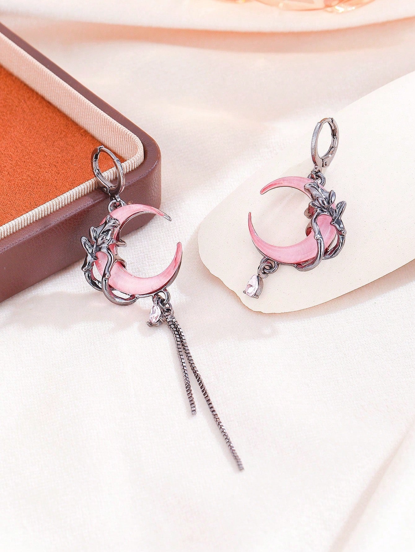 Gothic Asymmetric Dark Red Crescent Moon Earrings, Vintage Design