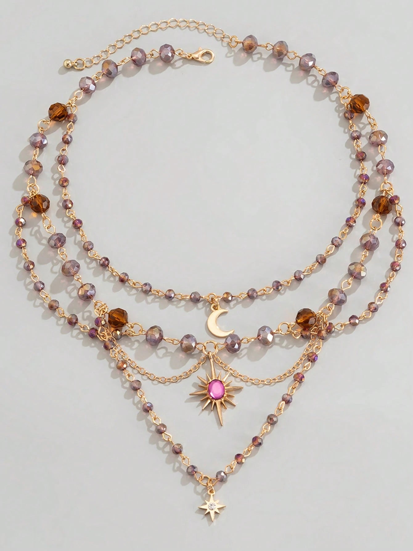 Celestial Moon & Sun Layered Beaded Necklace – Boho Crystal Gold Choker