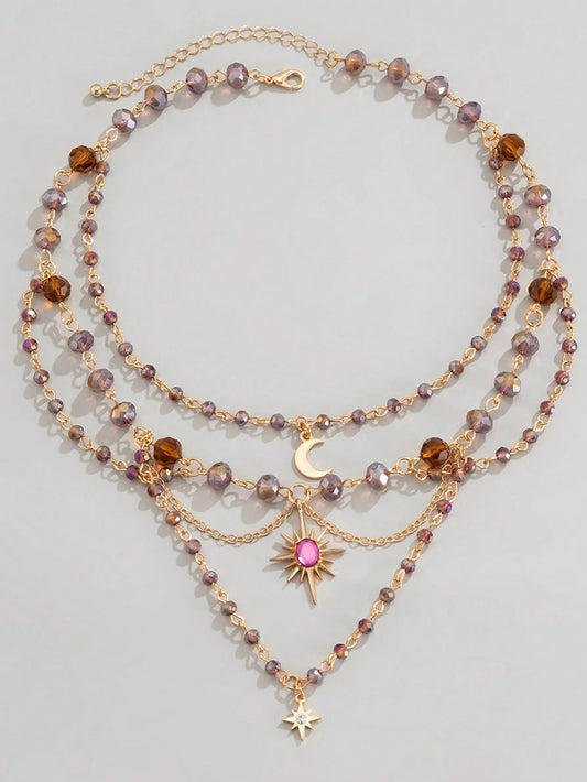 Celestial Moon & Sun Layered Beaded Necklace – Boho Crystal Gold Choker
