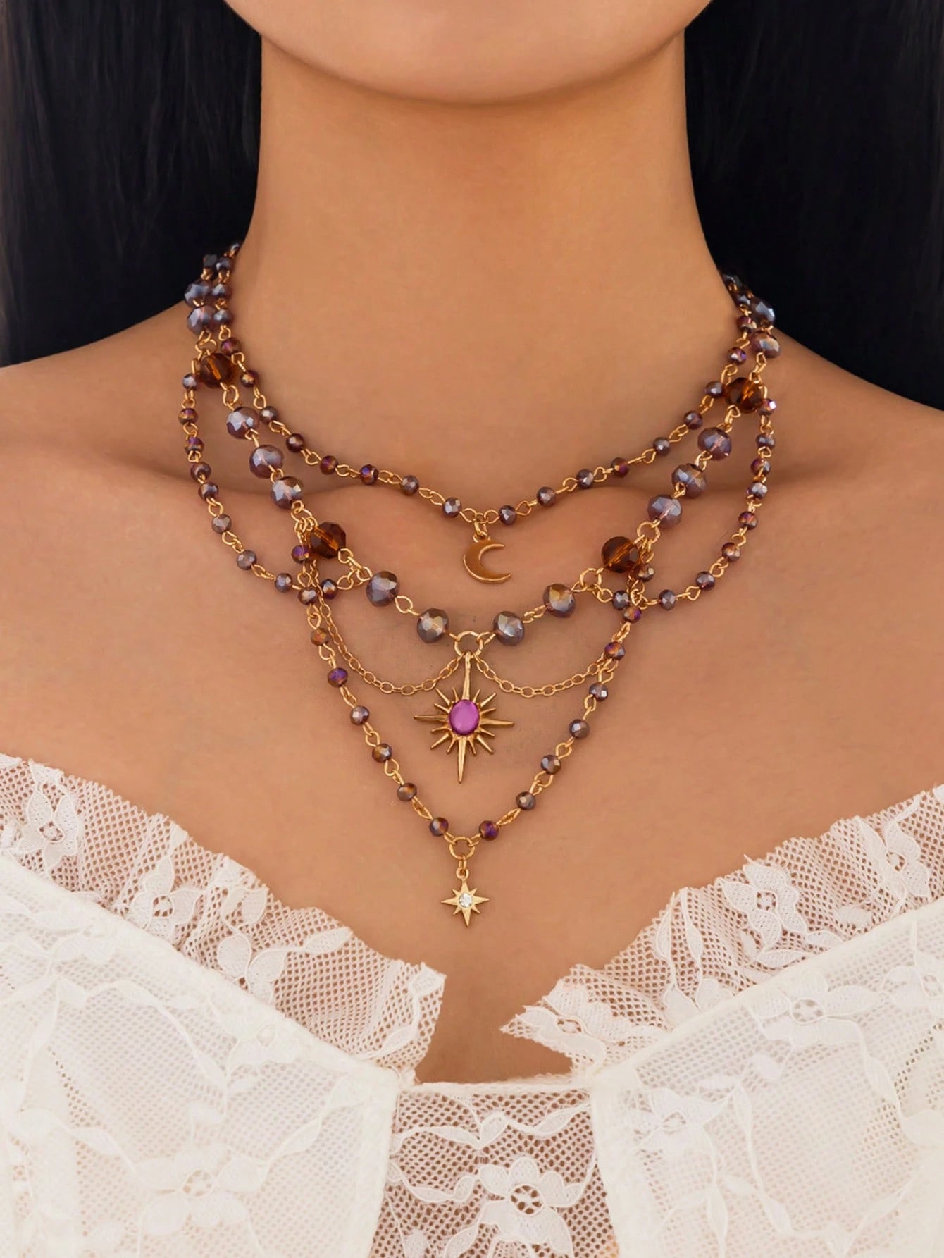 Celestial Moon & Sun Layered Beaded Necklace – Boho Crystal Gold Choker