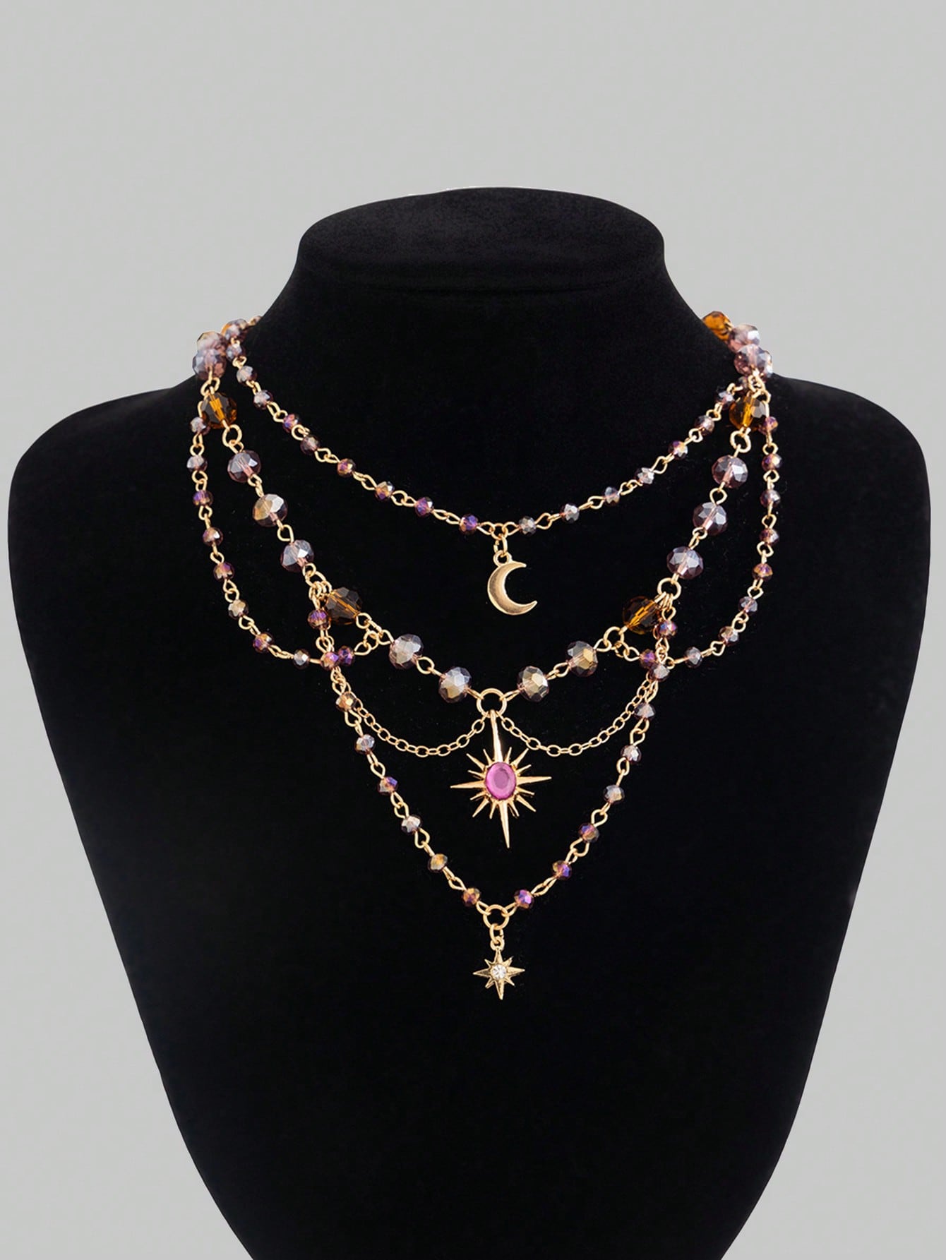 Celestial Moon & Sun Layered Beaded Necklace – Boho Crystal Gold Choker