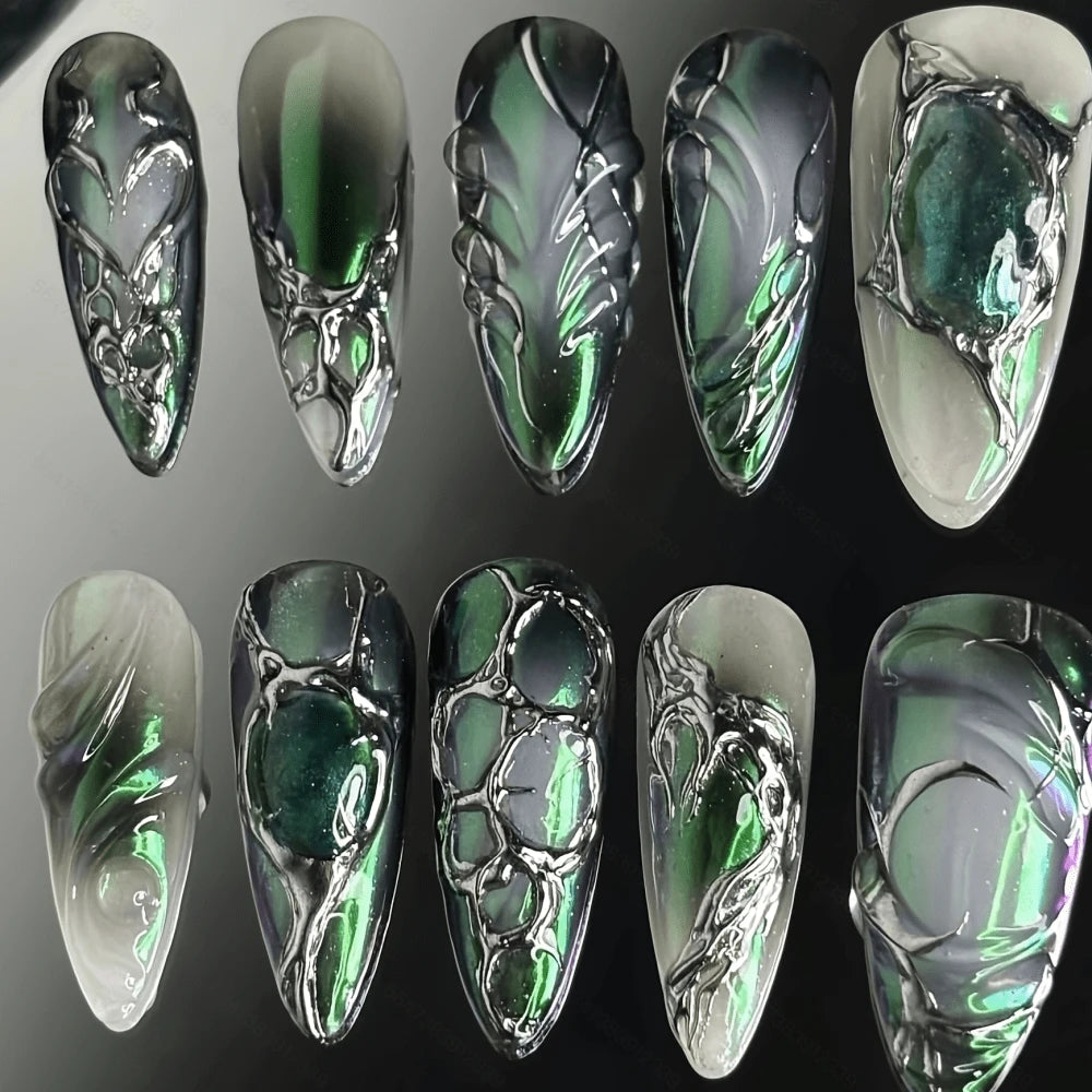 Green Cat Eye Press-On Nails | Stiletto