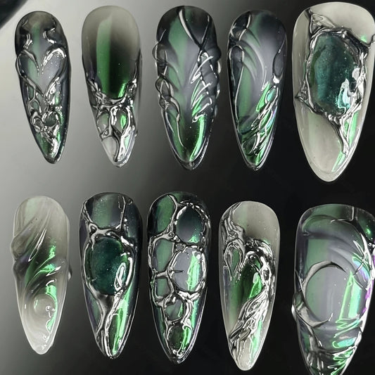 Green Cat Eye Press-On Nails | Stiletto
