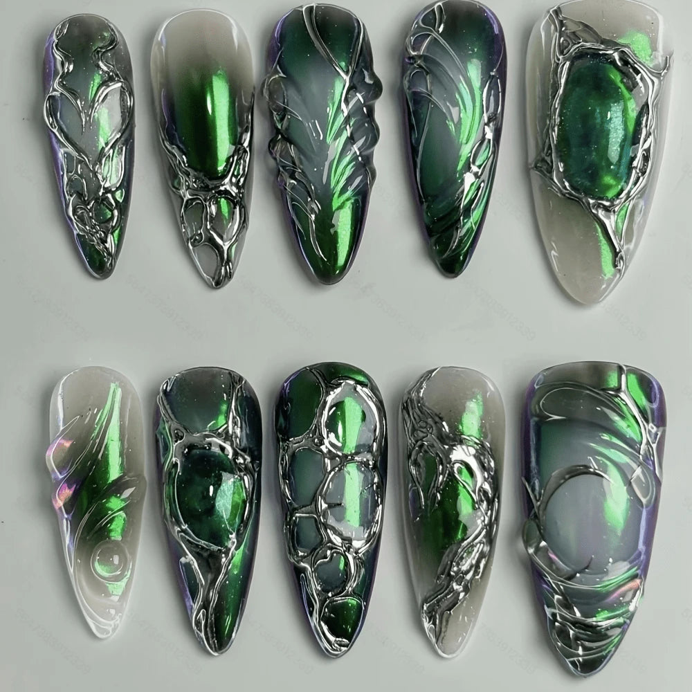Green Cat Eye Press-On Nails | Stiletto